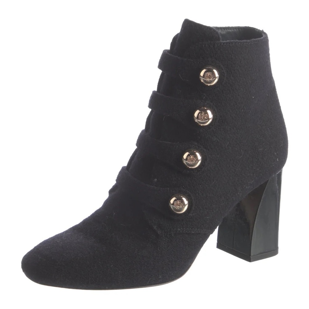 Tory Burch Black Ankle Boots with Gold Buttons